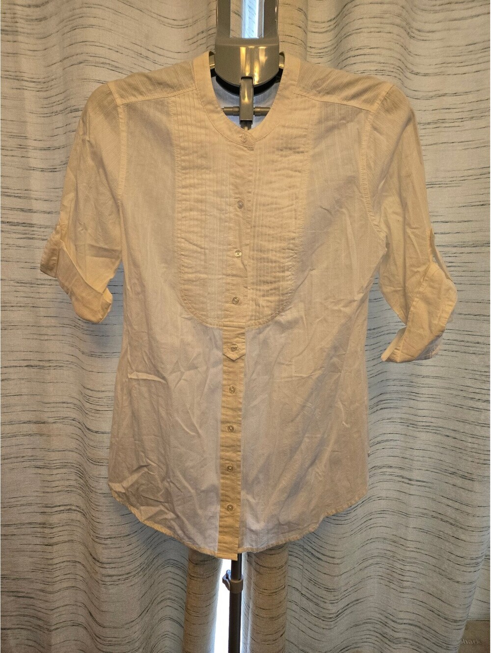 St. John's Bay White Cotton Pintuck Blouse Roll Tab Sleeve Top Women's Large